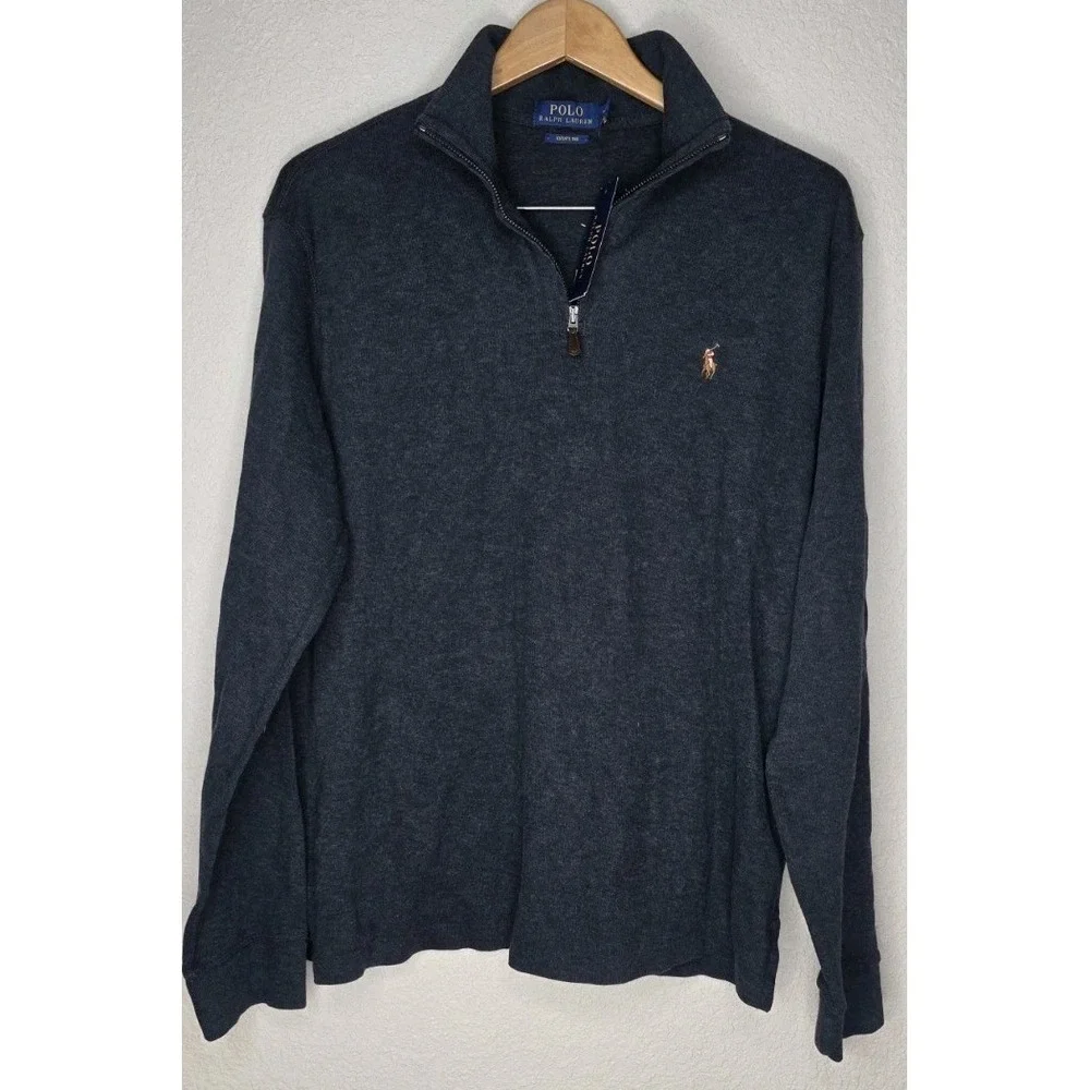 New Polo Ralph Lauren Mens Sweater Pullover Gray Pony Estate-Rib Quarter-Zip Lrg